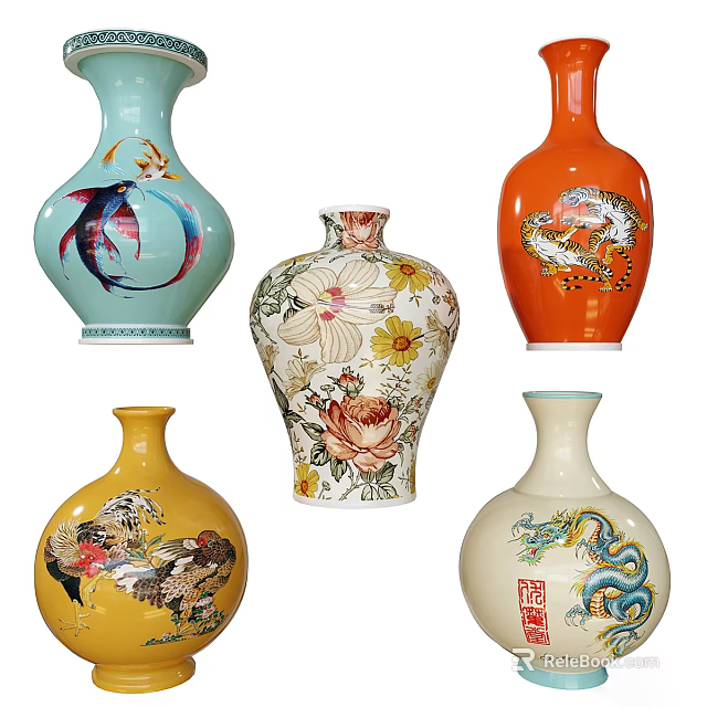 Ceramic Vases With Various Colors And Decorative Floral Animal Motifs Design 3d model 