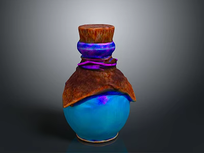 Household Decorative Bottle With Blue Body Brown Textured Wrap Purple Layered Neck And Wooden Cap 3d model