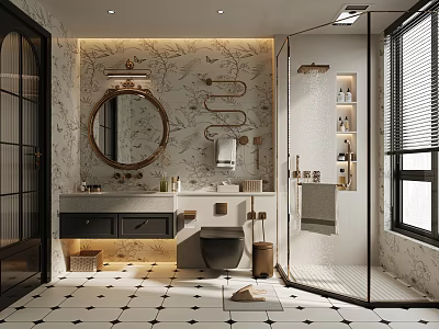 Modern Bathroom Interior Design With Glass Shower Vanity Mirror And Black White Tile Floor 3d model