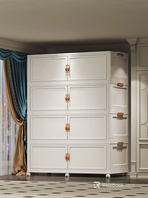 White Multi Tiered Storage Cabinet With Brass Handles In Room With Curtains 3d model 