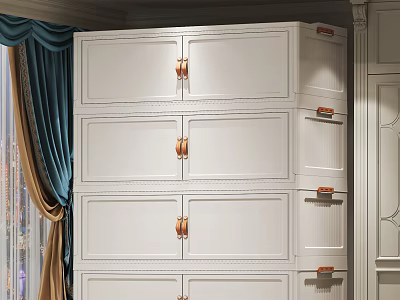 White Multi Tiered Storage Cabinet With Brass Handles In Room With Curtains 3d model