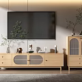 Modern Wooden TV Stand Design With Drawers Glass Doors And Decorative Plants