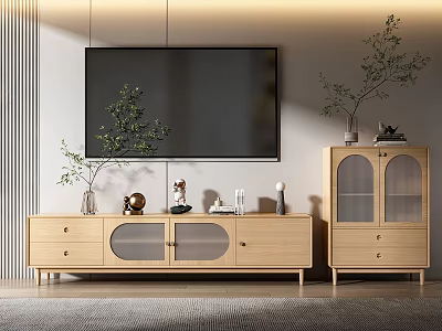 Modern Wooden TV Stand Design With Drawers Glass Doors And Decorative Plants 3d model