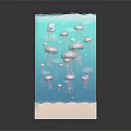 Pink And White Jellyfish Aquatic Animals Floating In Transparent Cube Underwater Scene