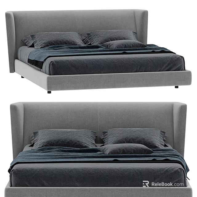 Modern Double Bed With Upholstered Headboard Gray Frame And Dark Bedding 3d model