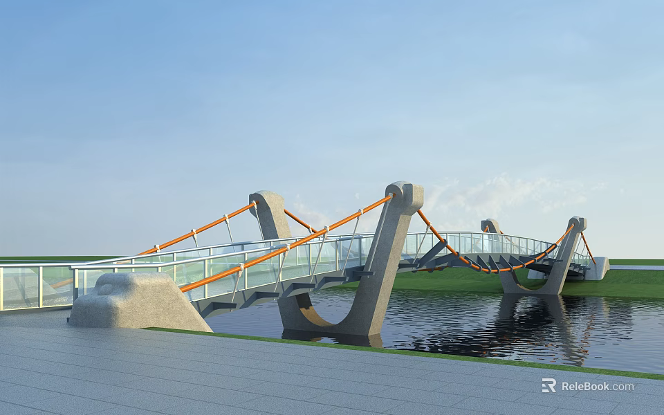 Modern Cable Stayed Bridge With Glass Walkway And Concrete Pillars Over Water 3d model 