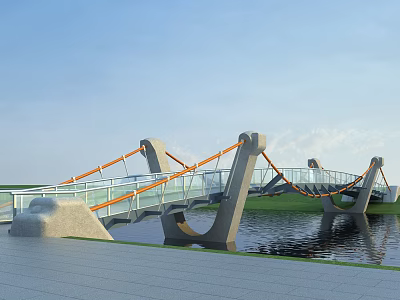 Modern Cable Stayed Bridge With Glass Walkway And Concrete Pillars Over Water 3d model