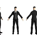 3D Male Character Model In Black Suit With Front Side Back Views 3d model
