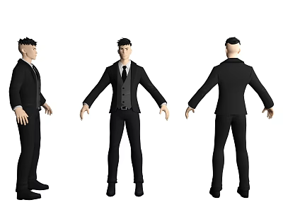 3D Male Character Model In Black Suit With Front Side Back Views 3d model