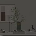 Tabletop Decorative Ornament Set with Green Vase Foliage Bird Figurine Books and Framed Artwork