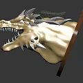 Yellow Dragon Head Sculpture With Circular Wooden Base Open Mouth Sharp Teeth
