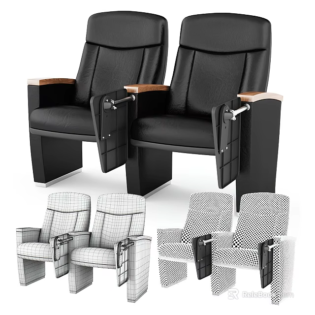 Modern Public Chair With Black Leather Upholstery Wooden Armrests And Sturdy Base 3d model 