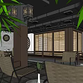 Traditional Chinese Clubhouse Interior With Lanterns Green Plants Circular Arch And Stone Wall Design