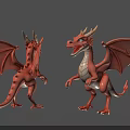 Red Cartoon Dragon Figurines with Front and Back Views Wings Horns and Claws
