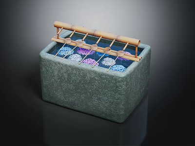 Stone Aquarium Fish Tank With Bamboo Rack And Colorful Interior Decorations 3d model
