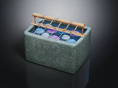 Stone Aquarium Fish Tank With Bamboo Rack And Colorful Interior Decorations 3d model