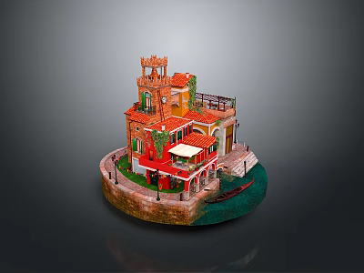 Scenic Miniature Landscape With Red Orange Buildings Tower Balcony Vines Water And Boat 3d model