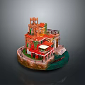 Scenic Miniature Landscape With Red Orange Buildings Tower Balcony Vines Water And Boat