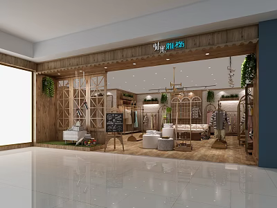Stylish Clothing Store Interior With Wooden Displays Green Plants And Seating Areas 3d model