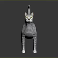 Striped Gray Cat With Yellow Eyes Standing On Black Surface Against Gray Background