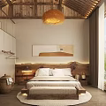 Hotel Room Featuring Rustic Wooden Staircase Pendant Light White Bedding And Cozy Atmosphere