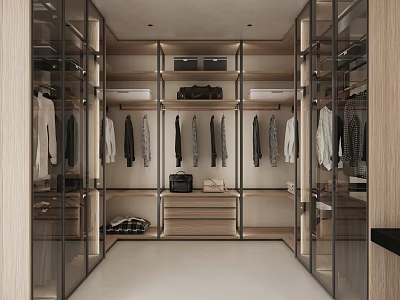 Modern Walk-in Closet Interior Design With Glass Doors Hanging Clothes And Wooden Storage Cabinets 3d model