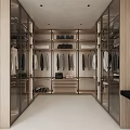 Modern Walk-in Closet Interior Design With Glass Doors Hanging Clothes And Wooden Storage Cabinets