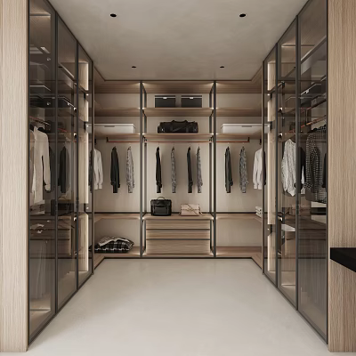 Modern Walk-in Closet Interior Design With Glass Doors Hanging Clothes And Wooden Storage Cabinets 3d model