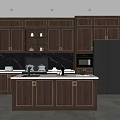 Modern Kitchen Interior With Dark Wood Cabinets Island Counter And Stainless Steel Appliances