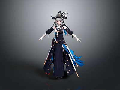A Woman In Elegant Traditional Black Robe With Blue Ribbons And Decorative Headpiece 3d model