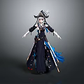 A Woman In Elegant Traditional Black Robe With Blue Ribbons And Decorative Headpiece