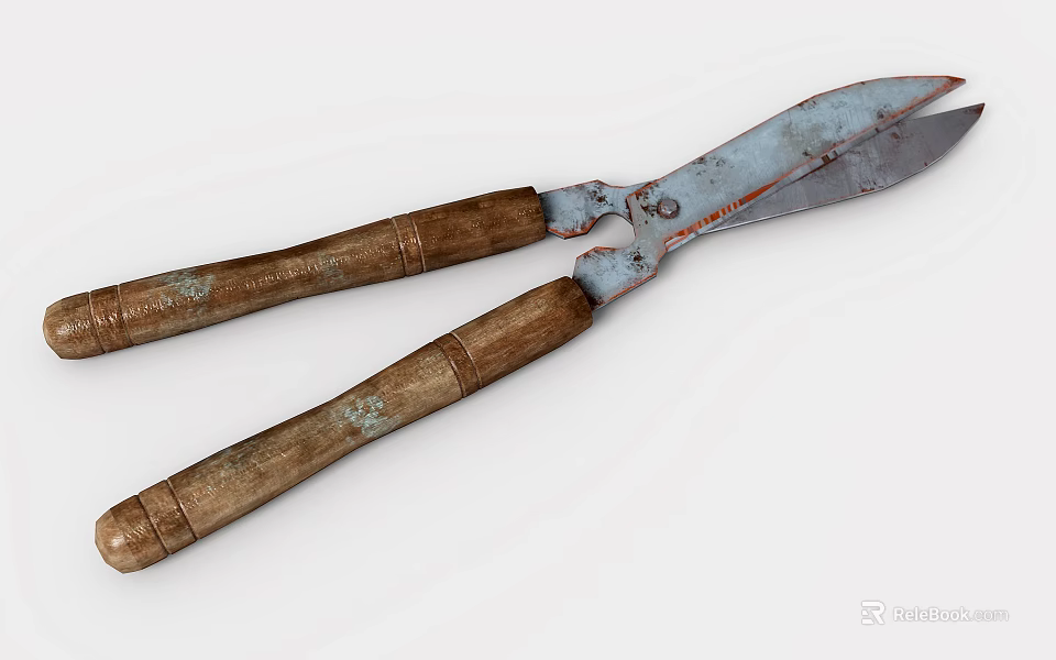 Old Garden Shears With Wooden Handles And Worn Metal Blades As Household Tool 3d model 