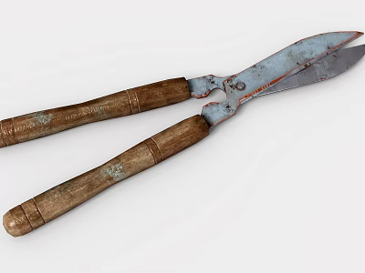 Old Garden Shears With Wooden Handles And Worn Metal Blades As Household Tool 3d model