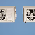 Two White Industrial Exhaust Fans With Metal Grilles And Mounted Brackets