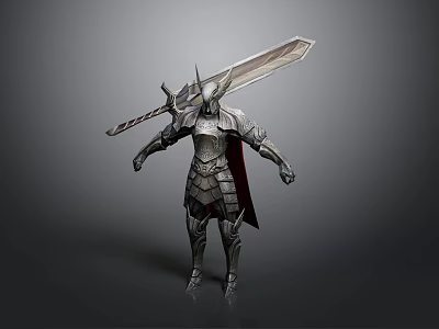 Armored Warrior Character Standing In Silver Armor With Horned Helmet Red Cape And Large Sword 3d model