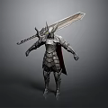 Armored Warrior Character Standing In Silver Armor With Horned Helmet Red Cape And Large Sword