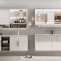 Modern Bathroom Vanity With White Cabinetry Mirror Cabinet LED Lighting Marble Countertop And Decorative Vases