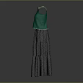 Elegant Women's Sleeveless Green Dress With Decorated Collar And Patterned Layered Long Skirt