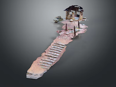 Long Stone Stairs Leading To Ancient Stone Hut With Surrounding Stone Pillars 3d model