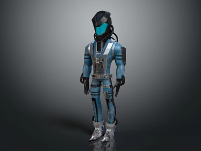 Futuristic Sci Fi Game Movie Character Wearing Blue Black Armored Outfit Helmet And Silver Boots 3d model