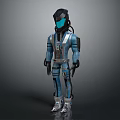 Futuristic Sci Fi Game Movie Character Wearing Blue Black Armored Outfit Helmet And Silver Boots
