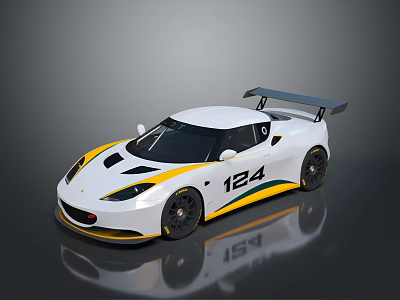 Sleek White Race Car With Yellow Green Stripes And Number 124 Rear Spoiler 3d model