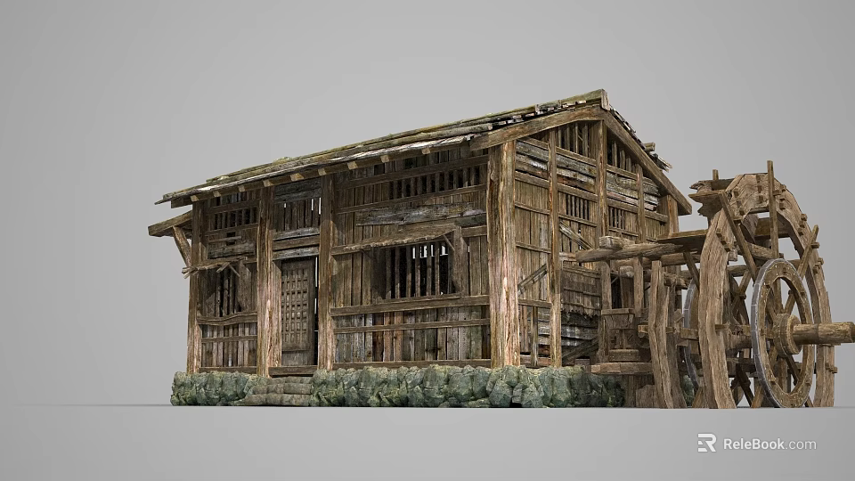 Ancient Traditional Wooden Building with Traditional Roof Wooden Windows Doors and Water Wheel Structure 3d model 