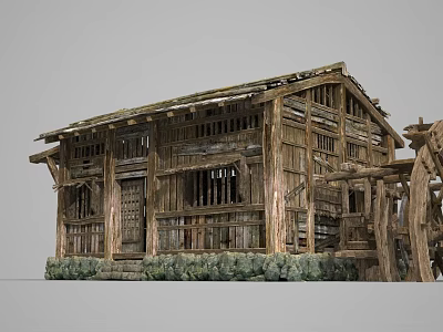 Ancient Traditional Wooden Building with Traditional Roof Wooden Windows Doors and Water Wheel Structure 3d model