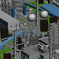 Industrial Plant Exterior Featuring Factory Buildings Chimney Tall Tower Pipes Storage Tanks and Green Areas