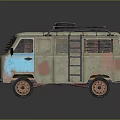 Vintage Van Model With Rusty Worn Beige Blue Paint Roof Rack Tire And Side Ladder