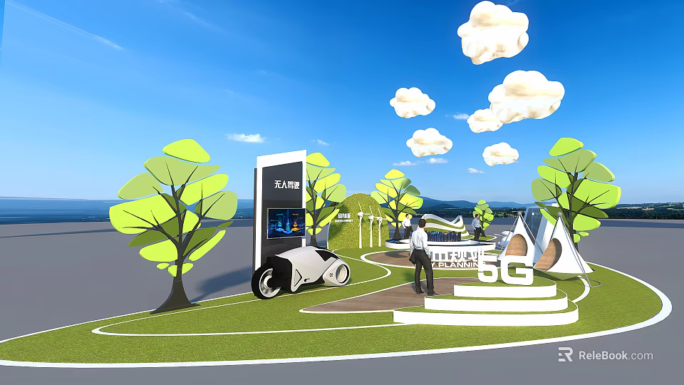 Modern Garden Ornaments With 5G Technology Cloud Speaker Digital Screen And Green Trees 3d model 