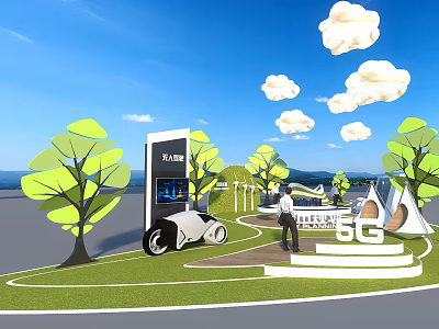 Modern Garden Ornaments With 5G Technology Cloud Speaker Digital Screen And Green Trees 3d model