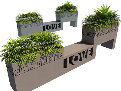 Decorative Garden Planters with LOVE Lettering Geometric Pattern Edges and Lush Green Plants 3d model