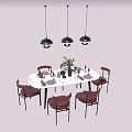 Modern Dining Table Set with Round Table Chairs Tableware and Pendant Lights 3d model